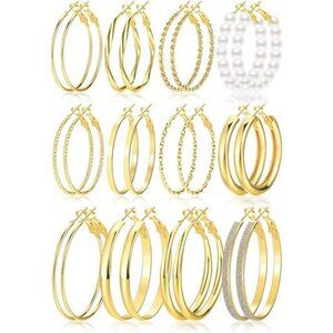 Gold Hoop Earrings Set for Women 12 Pairs Large 40mm 50mm Hypoallergenic